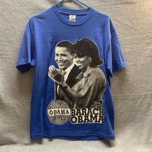 ALL STYLE Men Blue Fired Up BARACK OBAMA 2012 Logo Short Sleeve SHIRT SZ Medium